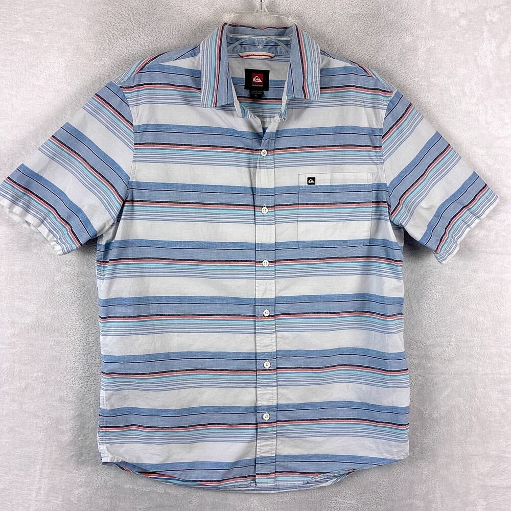 VTG Quiksilver Shirt Men L Blue White Stripe Preppy Summer Surf Beach Skate Y2K